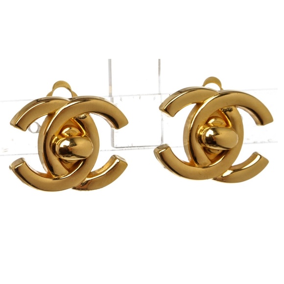 CHANEL Jewelry - Chanel Gold Turn Lock CC Logo Clip On Earrings 96P